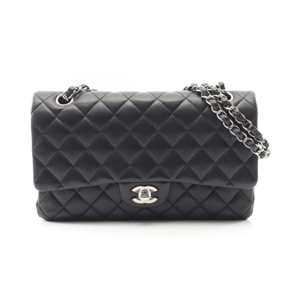Chanel Matelasse Double Flap Shoulder Bag Lambskin Sheepskin Black